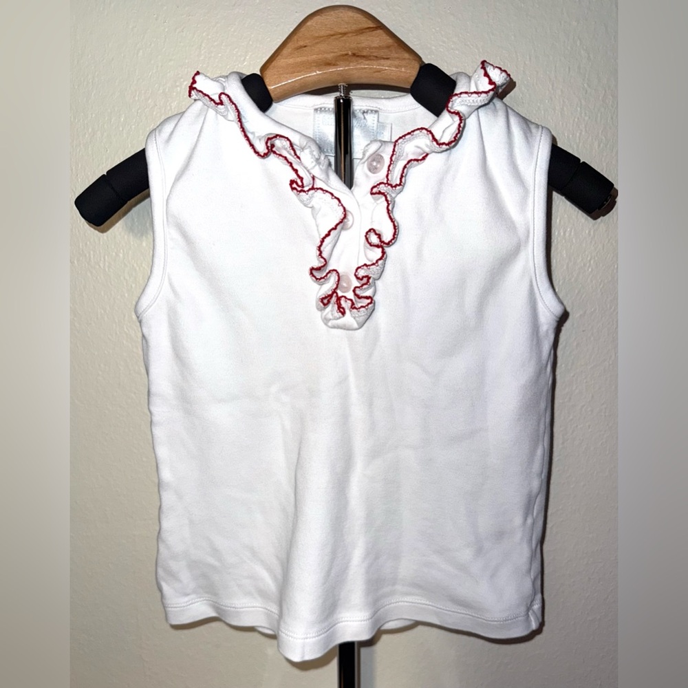 Little English white sleeveless top with ruffle neck, sz 5, small spot on collar